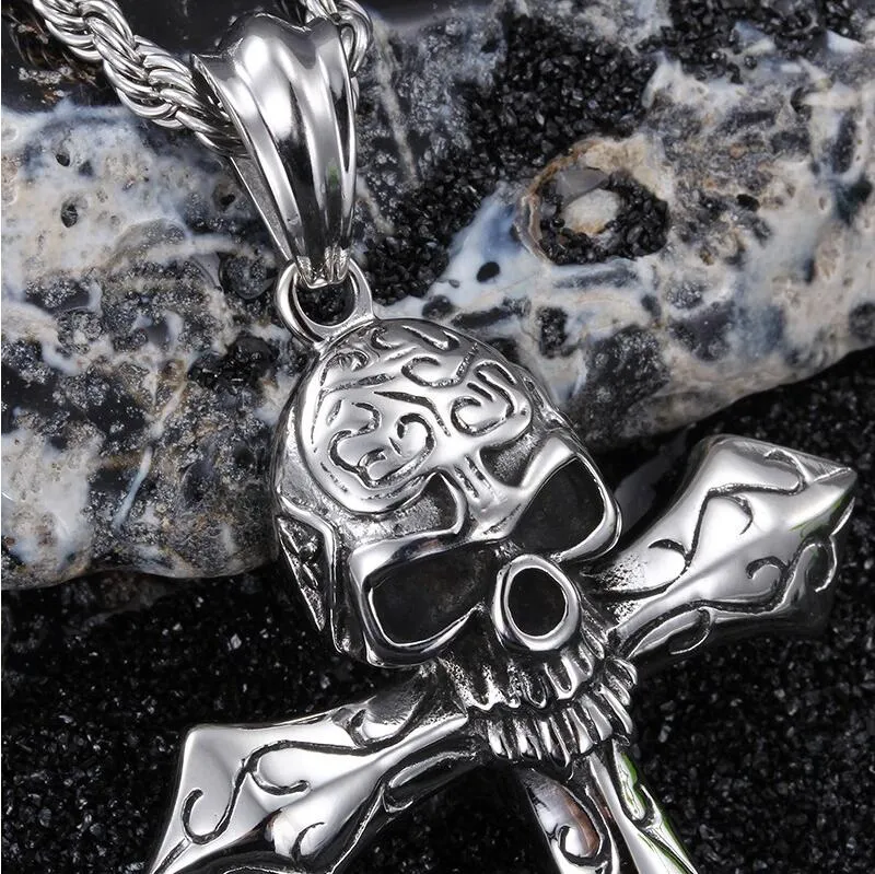 Cool Large Biker 316L RVS Skeletschedel Hanger Heren Touw Ketting Gothic Sieraden 24'' Vine7678399