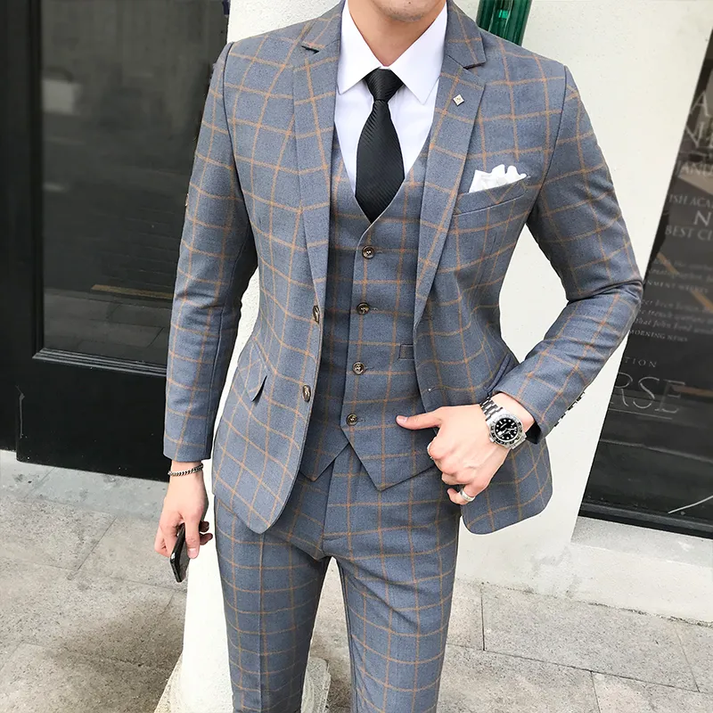 Suit Men Autumn And Winter New British Style Large Size Plaid Suits Formal Wear Gift Single-breasted Mens Wedding Suit
