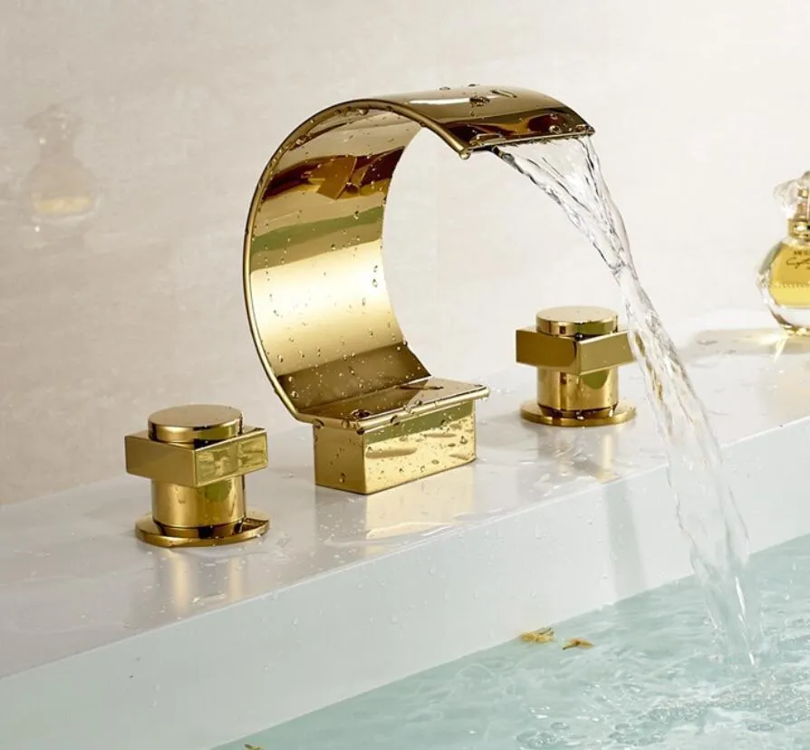 Double poignées cascade en laiton carré 3 trous 8 "répandu lavabo de salle de bain évier robinet bec mitigeur montage sur pont