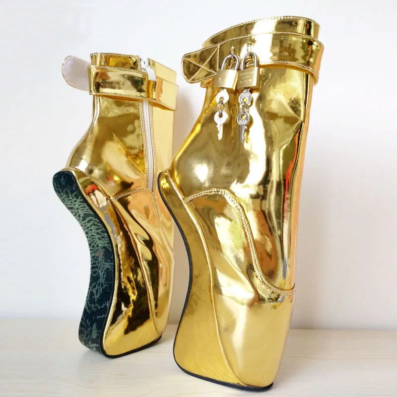 Donne 7 "/ 18 CM Tacchi Altissimi Pony Wedge Balletto Stivaletti Oro Liquido Sexy Uomo Fetish Lucchetti Esotici Pole Dance Stivali per Personalizzato