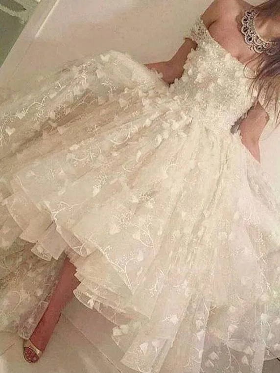 2023 High Low Prom Dresses A-Line Off Shoulder Long Chic Lace Prom jurk applique kralen rug formele afstuderen Arabische avondjurken