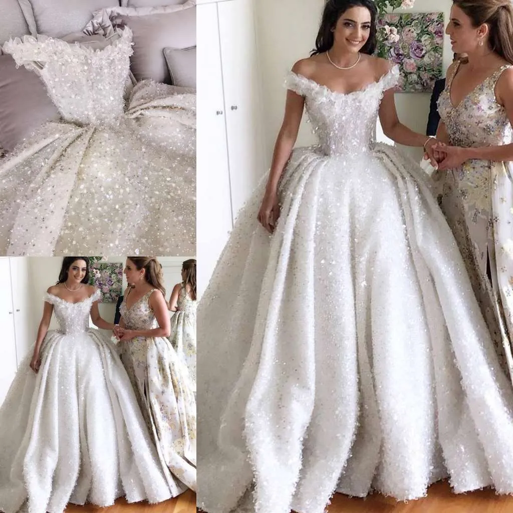 2019 Off Shoulder Wedding Dresses Bling Bling Sweep Train Lace Bridal Gowns Beads Crystal Sequins Custom Made Ball Gown Wedding Dresses