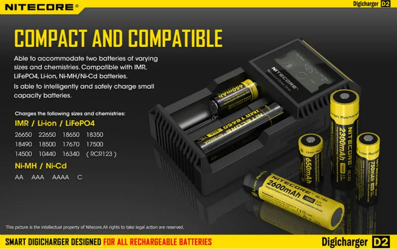 Chargeur de batterie / d'origine de Nitecore D4 D2 I4 I2 Digicharger LCD Circuit intelligent d'assurance globale 18650 14500 16340 26650