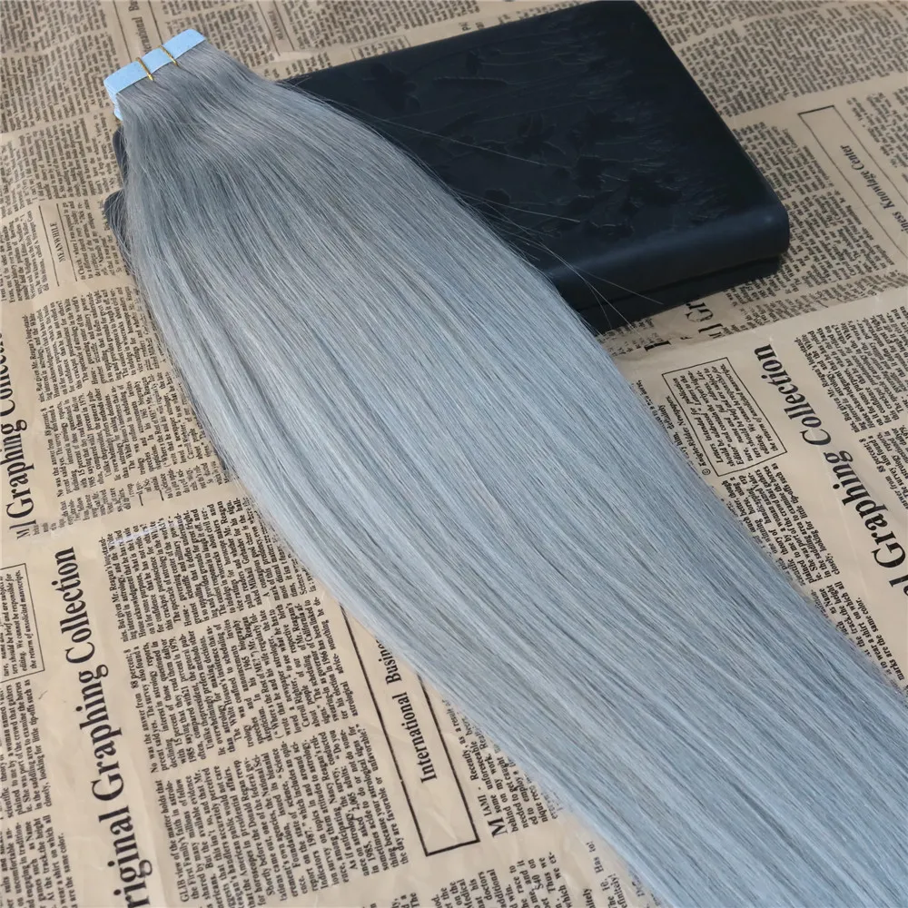 Tape in Human Hair Extensions Sliver color Skin Weft Tape in Extensions Grey PU Straight Tape on Hair Extensions 100g 40pcs335i