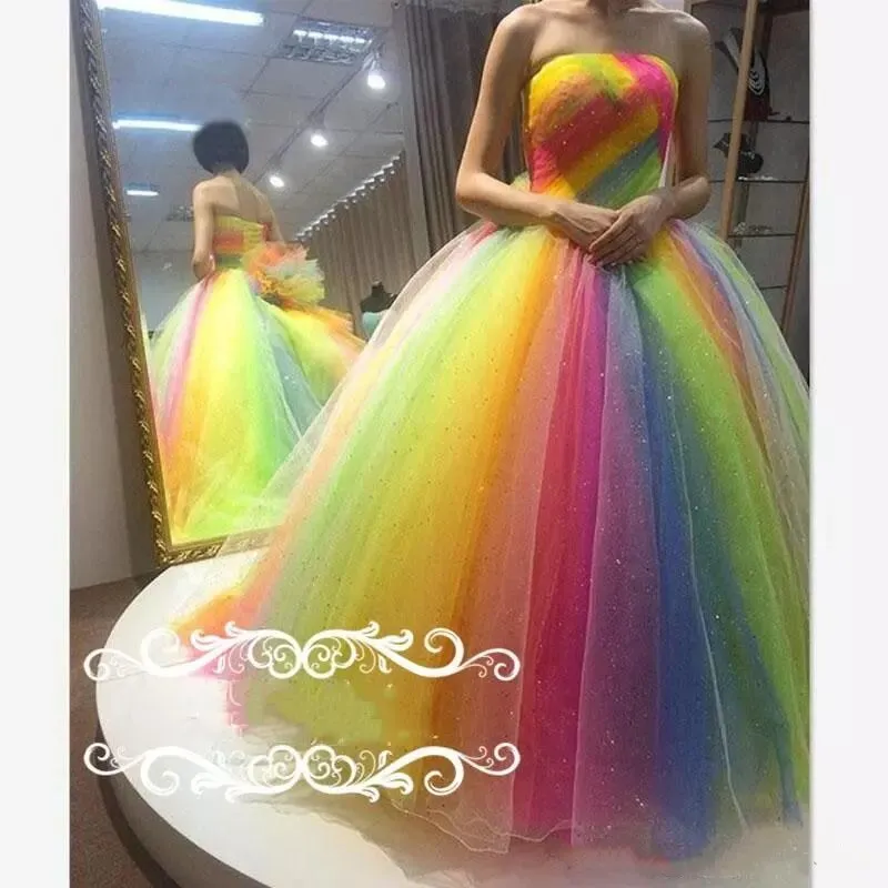 Modest Newest Dress Rainbow Colorful Tulle Lace Up Bridal Gowns Shiny Sequins Floor Length Plus Size Wedding Dresses