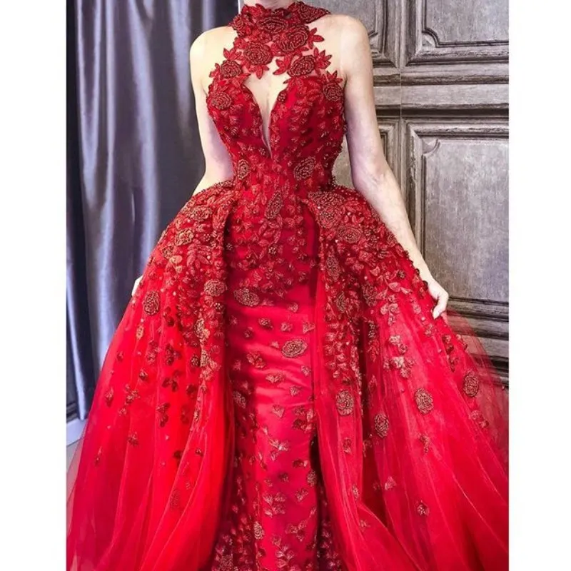 Glamour Sirène 2018 Robe De Bal Avec Overskirt Col Haut Perles Dentelle Applique Robes De Soirée Sans Manches Élégant Arabia Dubaï Robe De Bal