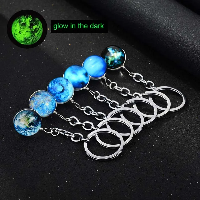 Lysande glöd i Dark Keychain Earth Moon Galaxy Universe Glass Cabochon Keychain Key Rings Fashion Gift