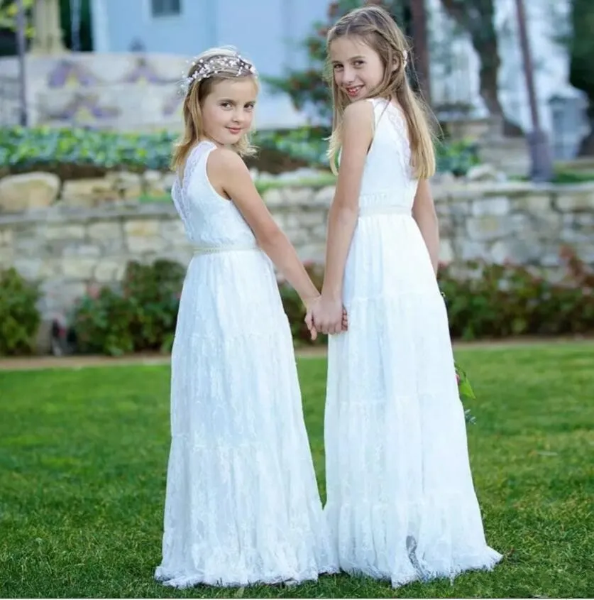 DHgate Boho Lace Flower Girl Dresses Country Style V Neck Sash Wedding Dresses for Juniors Bridesmaids Beach Wear Long Kids Birthday Dress Wedding Party Events