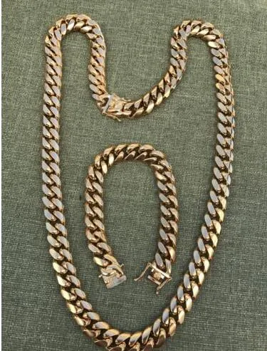 14mm Men Cuban Miami Link Bracelet & Chain Set 18k Gold Plated Stainless Steel
