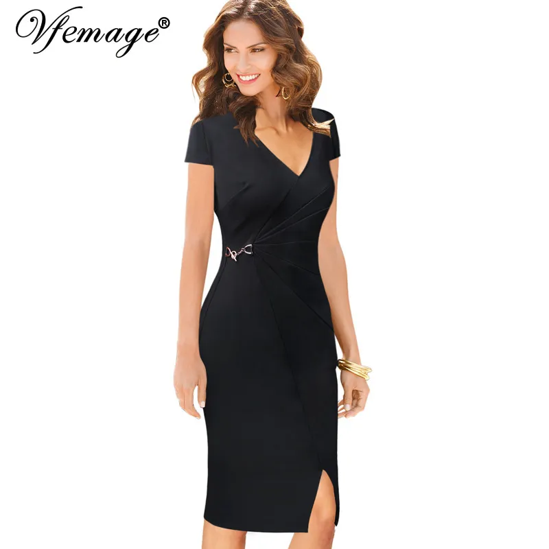 Vfemage Womens Elegant Vintage V-hals Ruched Ploofed Split Wear To Work Vestidos Office Business Party Bodycon Schede Jurk 005 D1891704