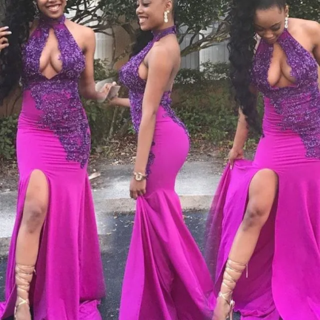 Sexy High Neck Lace Backless Side Slit Prom Dress, Wedding Party Dresses