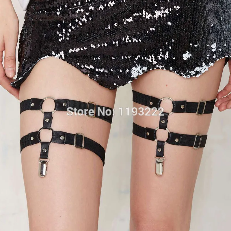 Punk Dark Amo Harajuku Handmade Double O Round Double Straps Leather Elastic Leg Studded Garter Belt Suspender Thigh Harness