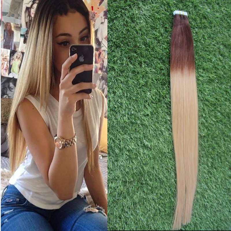 Brazylijski Dziewiczy Włosy Prosto T4 / 613 Dwa Tone Ombre Brazylijskie włosy 100g 40 sztuk Skin Weft Hair Extensions