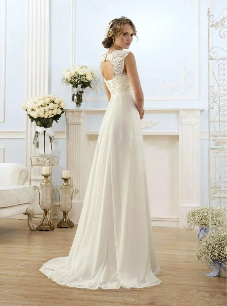 Empire Waist Wedding Dresses 2019 캡핑 된 슬리브 레이스 뒷면 race rack restidos de novia long a 라인 쉬폰 신부 가운 1472878