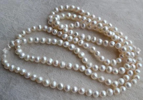 46inches longue perle bijoux, 7-8mm Couleur Blanc Véritable collier de perles d'eau douce, Nouvelle-Livraison gratuite