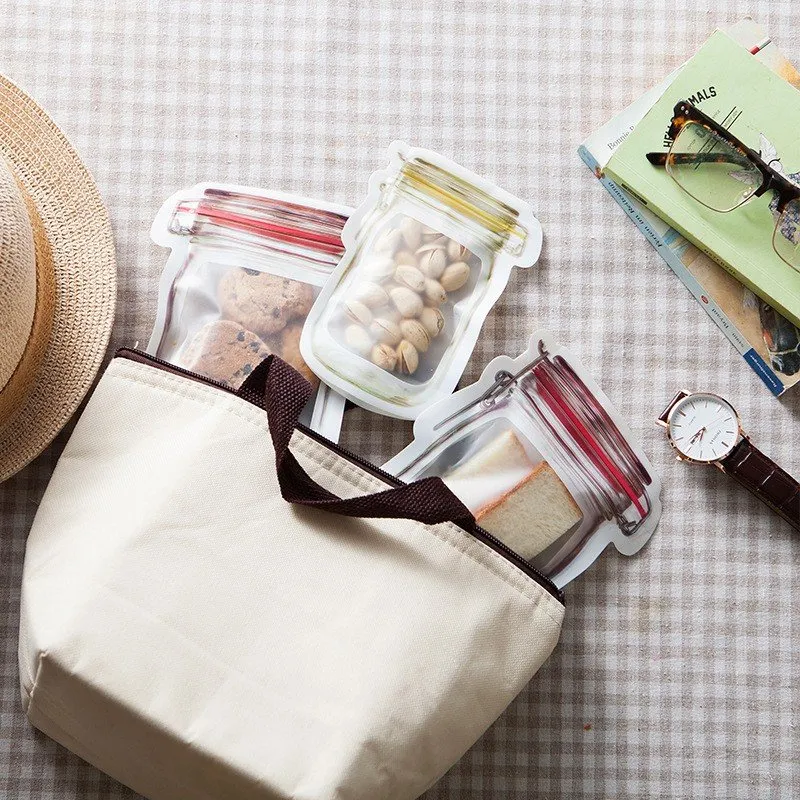Jilida Bottle Mason Jar Shaped Food Storage Bags Snack Container Klar plast Förseglad Väska Kök Kylskåp Organizer Tillbehör