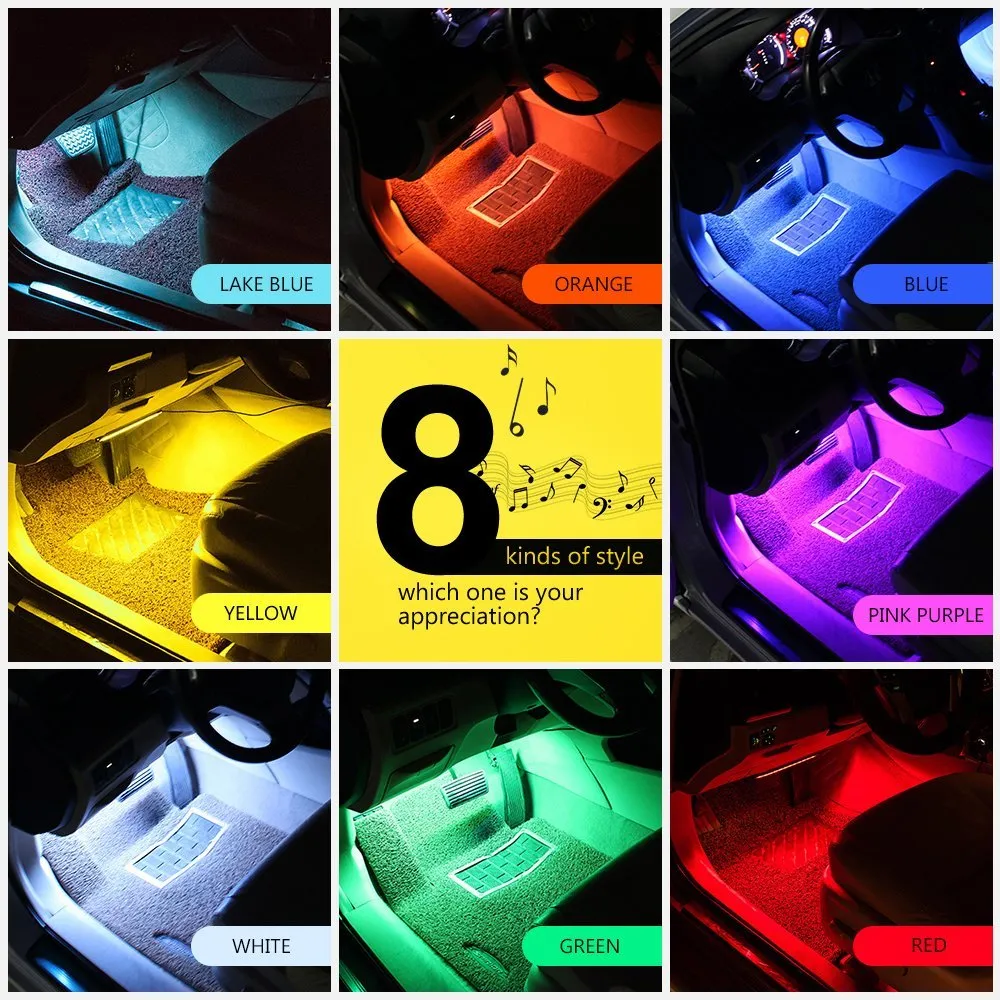 4 pièces 5050 9 LED Kit d'éclairage intérieur de voiture sous le tableau de bord intelligent son activé contrôle atmosphère lampe bande lueur néon sans fil lumières de contrôle
