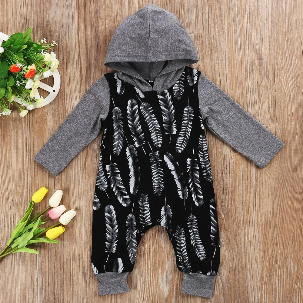 Hot toddler baby pojke kläder fjäder hooded rompers grå och svart jumpsuit playsuit outfit pojkar kläder nyfödda barn pojkar kläder 0-24m