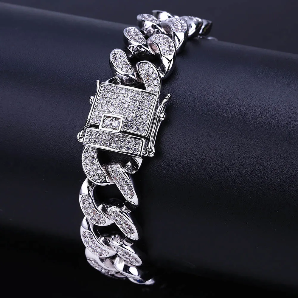 Kupfer-Mikroeinsätze, weißer Diamant, MIAMI CUBAN LINK-Armbänder, Herren-Hip-Hop-Bling-Iced-Out-Ketten mit Schmuckschatulle
