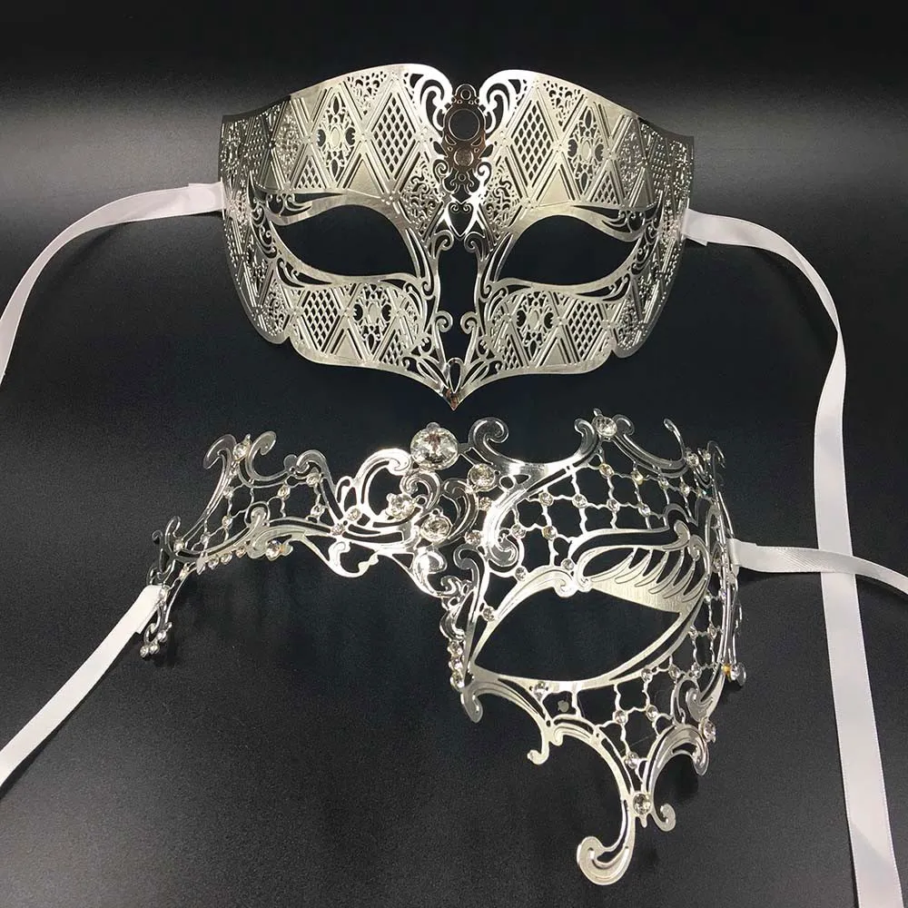 Gnhyll amante donna maschera maschera d'argento coppia di metallo veneziano maschera maschere palla d'oro matrimonio mardi gras feste set maschere per occhi