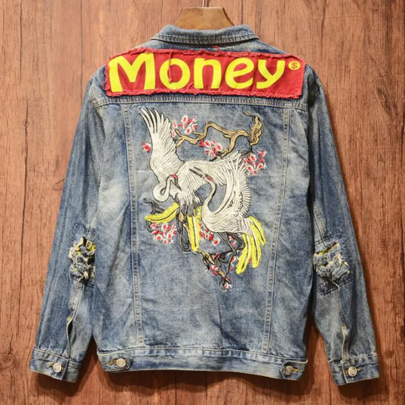 Fashion Denim Jacket Men Designs Money Print Patch Blue Jean