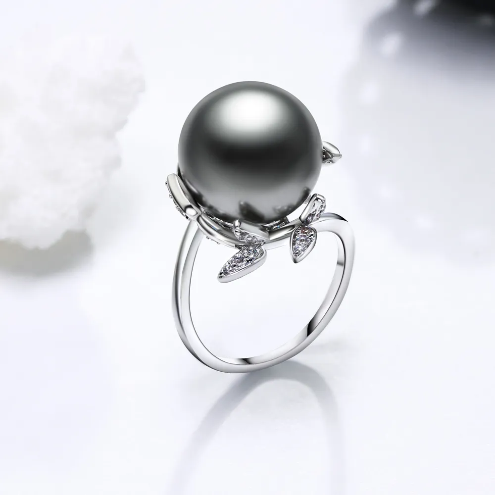 Fantastic Leaf ring with big Grey Pearl Trendy White jewellery drop anel anillos aneis female jewelry rings2388652