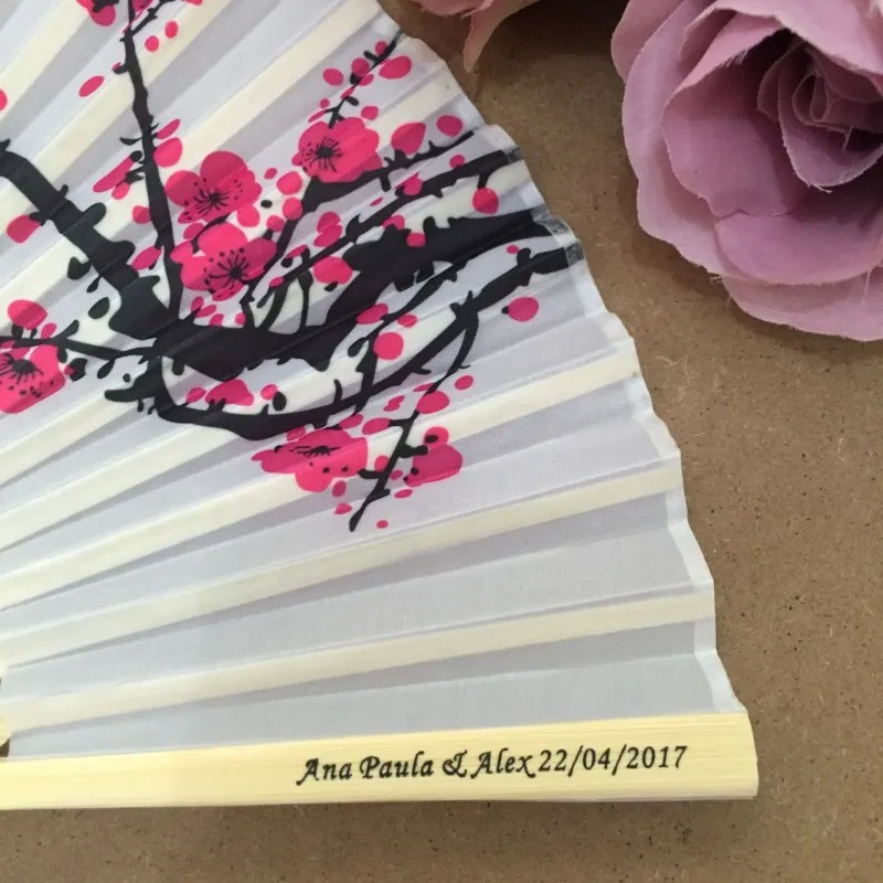 lot Personalized wedding date names Plum flower design Elegant Wedding Silk Hand Fan with Organza Gift bag8332388