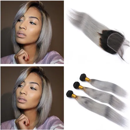 Ombre Silver Grey Virgin Hair Wefts with Closure Straight #1B/Gray Ombre Brazilian Human Hair Weave Bundles with 4x4 Lace Closure Piece