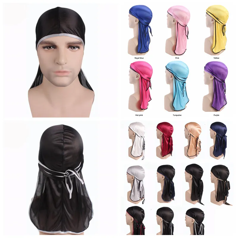 17 Kolory Moda Mężczyźni Satin Duragów Bandanna Turban Peruki Wigs Mężczyźni Silky Durag Headwear Headband Turban Pirate Hat Akcesoria do włosów AAA1086