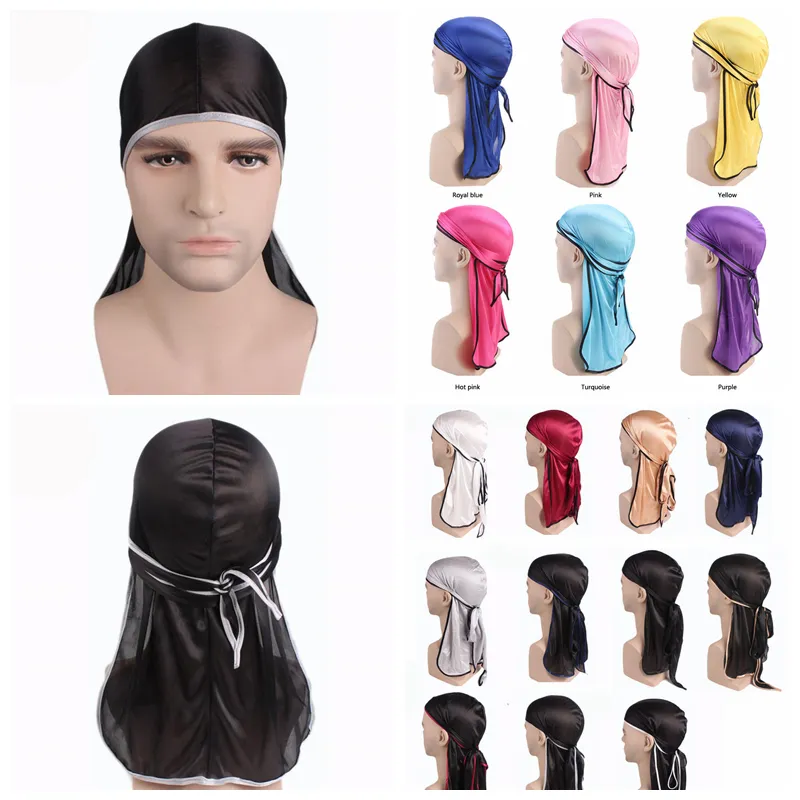 17 couleurs Mode Hommes Satin Durags Bandanna Turban Perruques Cap Hommes Soyeux Durag Chapeaux Bandeau Turban Pirate Chapeau Accessoires De Cheveux AAA1086