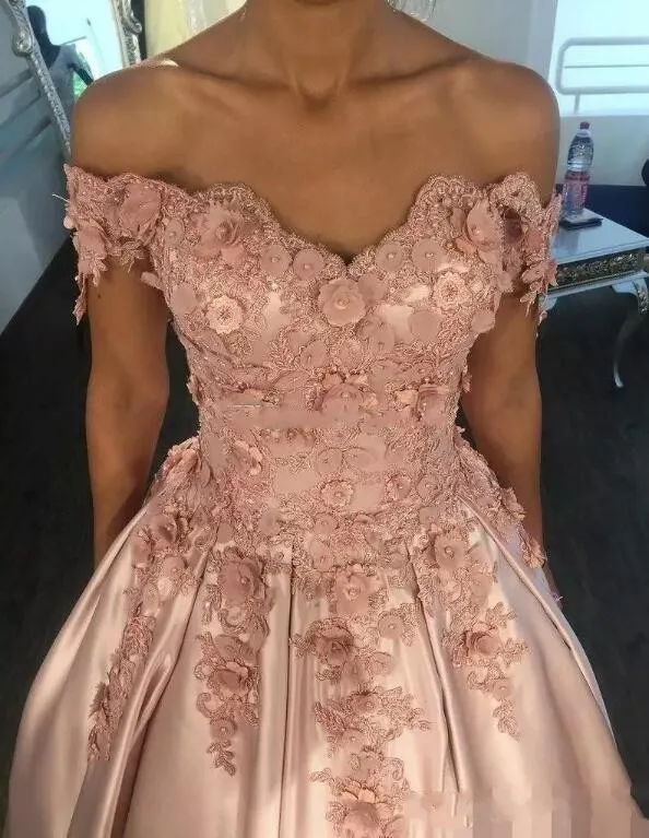 2018 New Baby Pink Prom Dresses Off Shoulder Lace Applique Beaded 3D Flowers Open Back Court Train Satin Formal Party Wear Evening Gowns