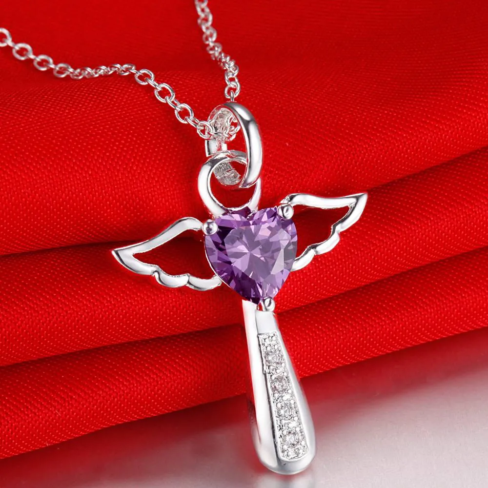 Hot Sale 925 Silver Plated Angel Wings Heart-shaped Cross Pendant Necklace with Zircon Fashion Women's Party Jewelry Christmas Gifts