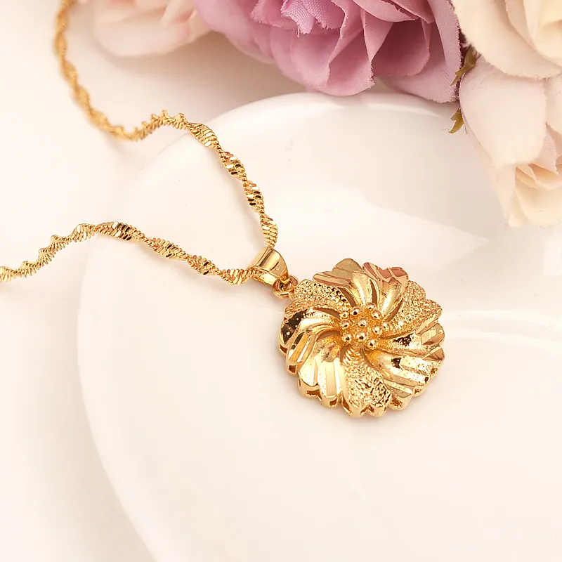 Dubai PENDANT Collier Femmes Éthiopien Pendentif Collier 18k Réel Jaune Or Fin GF filles fête Bijoux Afrique / Arabe Fleur Cadeaux jolie