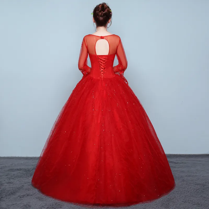 Nouvelle Mode Classique Romantique Robe De Bal Rouge Robe De Mariée 2018 Nouvelle Illusion Dentelle Manches Longues Flare Personnalisé Plus La Taille Robe De Mariée