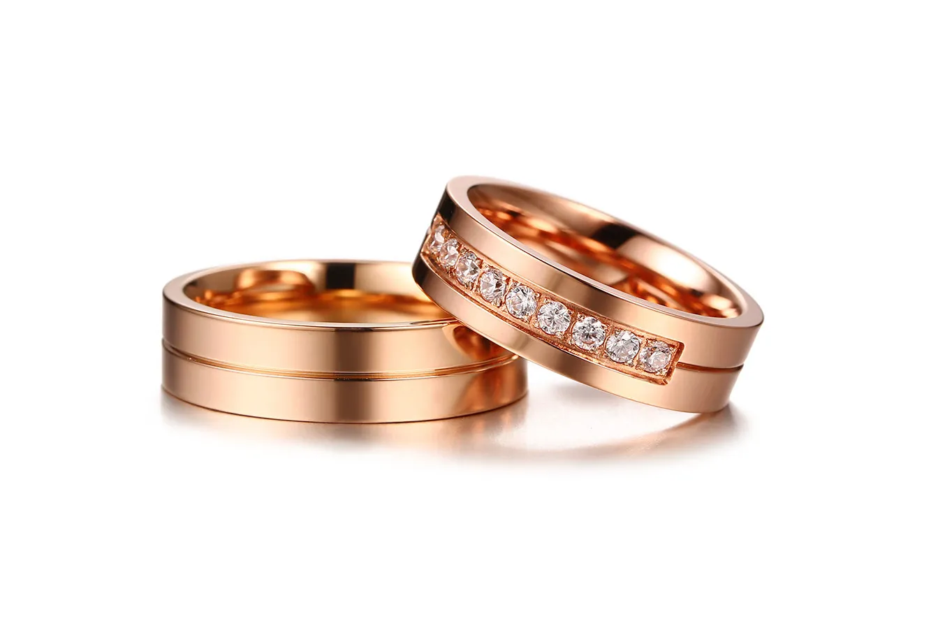 Vigselring rosguld färg 6mm 316l rostfritt stål par ring bröllop band ringar för kvinnor män älskar rostfritt stål cz promis272z