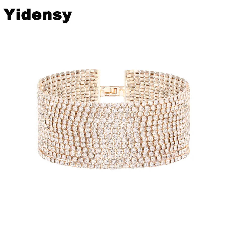 Cristalino de la manera Yidensy ancho brazalete brazaletes de oro color de la plata de múltiples capas de diamantes de imitación para las mujeres joyería Declaración