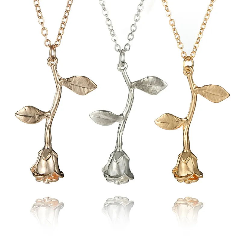 Rose Blumen Anhänger Halsketten Für Frauen Gold Silber Überzogene Legierung Link Kette Colliers Halskette Schmuck Valentinstag Geschenk