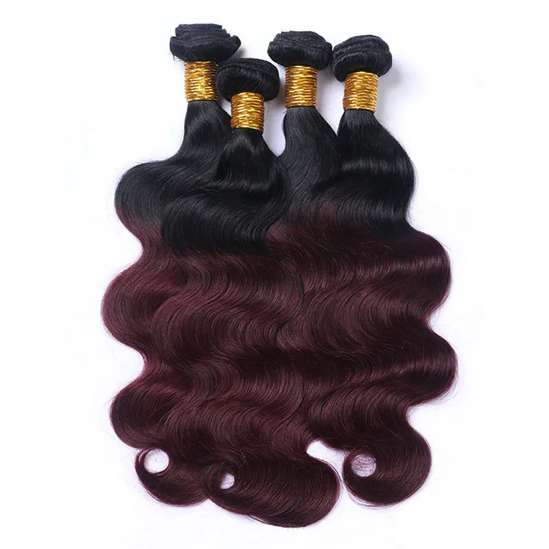 Selling Items Ombre Dark Red Colored Hair 4 Bundles Body Wave 1B99J Brazilian Virgin Human Hair Weave Colored Bundles Extens2457612