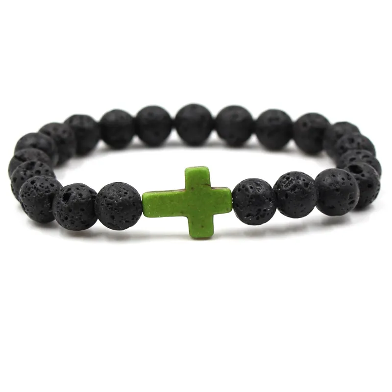 Bracelet en pierre de lave noire naturelle, 9 couleurs, élastique, croix, diffuseur d'huile essentielle, Bracelet en perles de roche volcanique