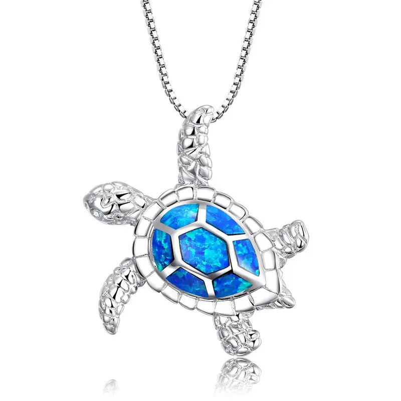 Neue Mode Niedlichen Silber Gefüllt Blau Opal Meeresschildkröte Anhänger Halskette Für Frauen Weibliche Tier Hochzeit Ozean Strand Schmuck Gift220t