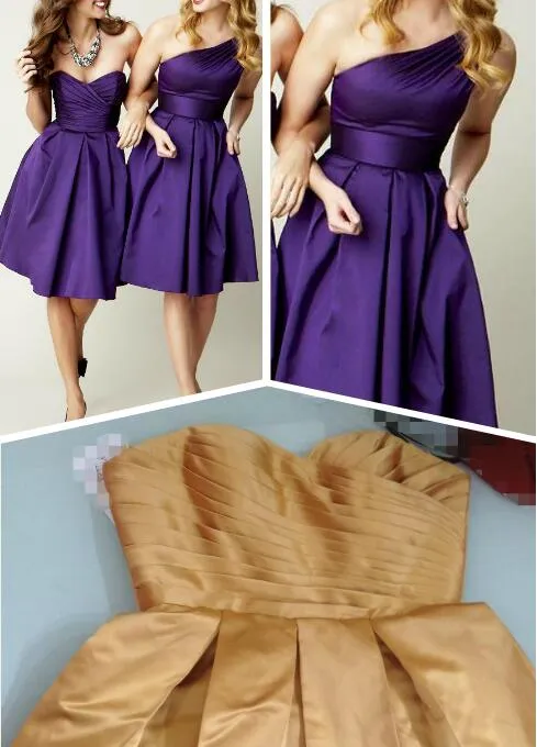 Pas cher Simple Violet Foncé Une Épaule Sans Manches Courte Robe De Demoiselle D'honneur Satin Corset Longueur Au Genou Fermeture Éclair Élégante Robes De Soirée De Mariage Robe