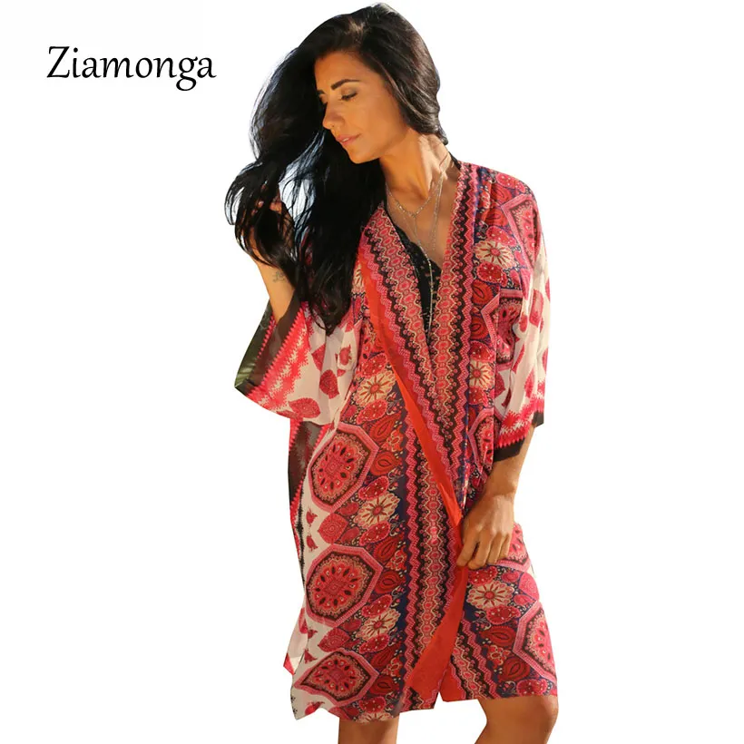 Ziamonga sommarstil mode blommig tryckt cimono cardigan bikini täcker ytterkläder boho blus kvinnor toppar skjorta