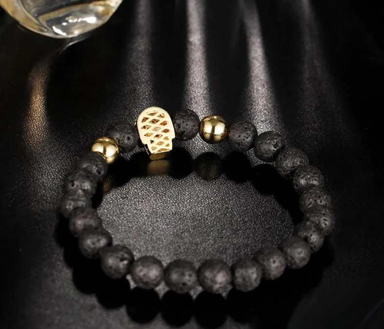 Nieuwe Mode 8mm Lava Stone Rode Ogen Diamond Skull Armband Reiki Healing Balancing Ronde Kralen Armband Unisex Gothic Armband