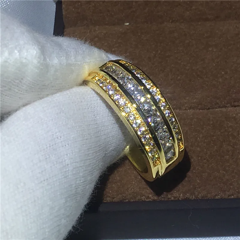 Mode Man Band Ring 3mm Diamonique Zircon Stone Engagement Bröllopsband Ring för män Gul Guld Fyllda Mode Smycken