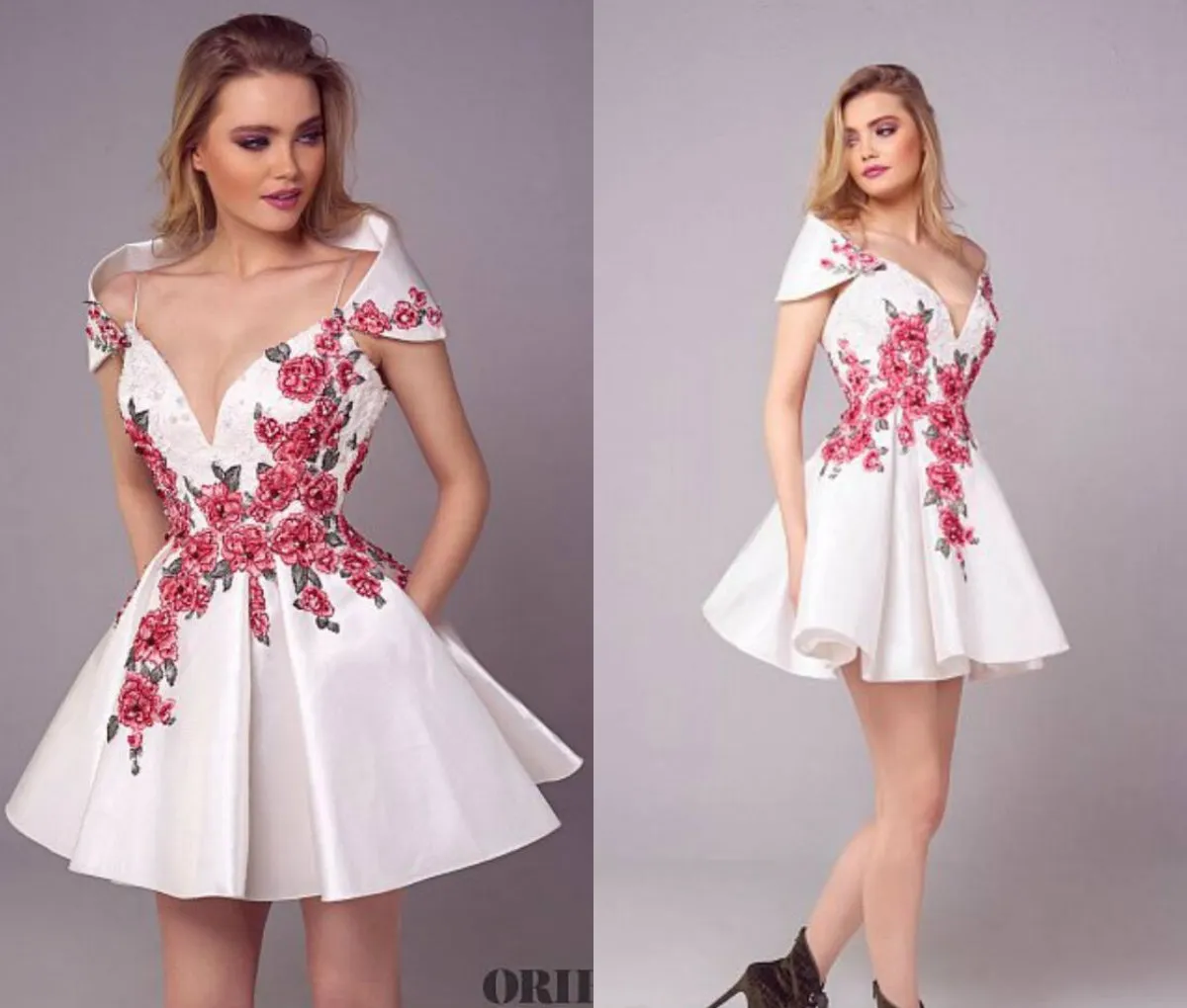 White Cocktail Dress With Red Lace Applique Satin Deep V Neck Short Hemline  Evening Wear
