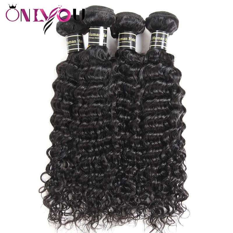 Nieuwe Collectie Maleisische Virgin Remy Haar Weave 4 Diepe Krullend Bundels met Sluiting Maleisische Diepe Golf Zijde Basis Sluiting Curl Hair Extensions