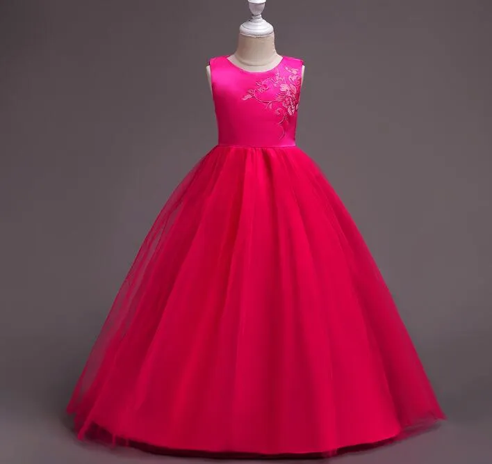 유럽식 미국 여자 공주 드레스 자수 꽃 거즈 아이들 웨딩 가운 디자인 아이들 생일 파티 용 공식 드레스