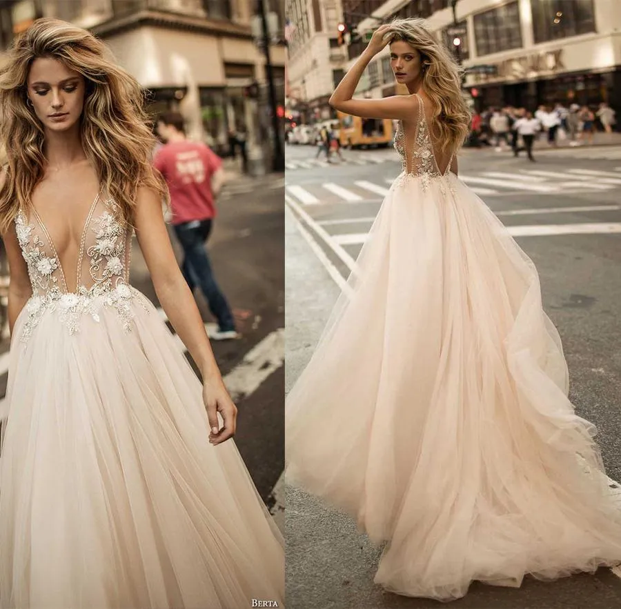 Niesamowity projektant Berta Bridal Top zobacz przez 3D Kwiatowe Seksowne Suknie Ślubne Open Back Ogród Tanie Kraj Gothic Robe de Mariée