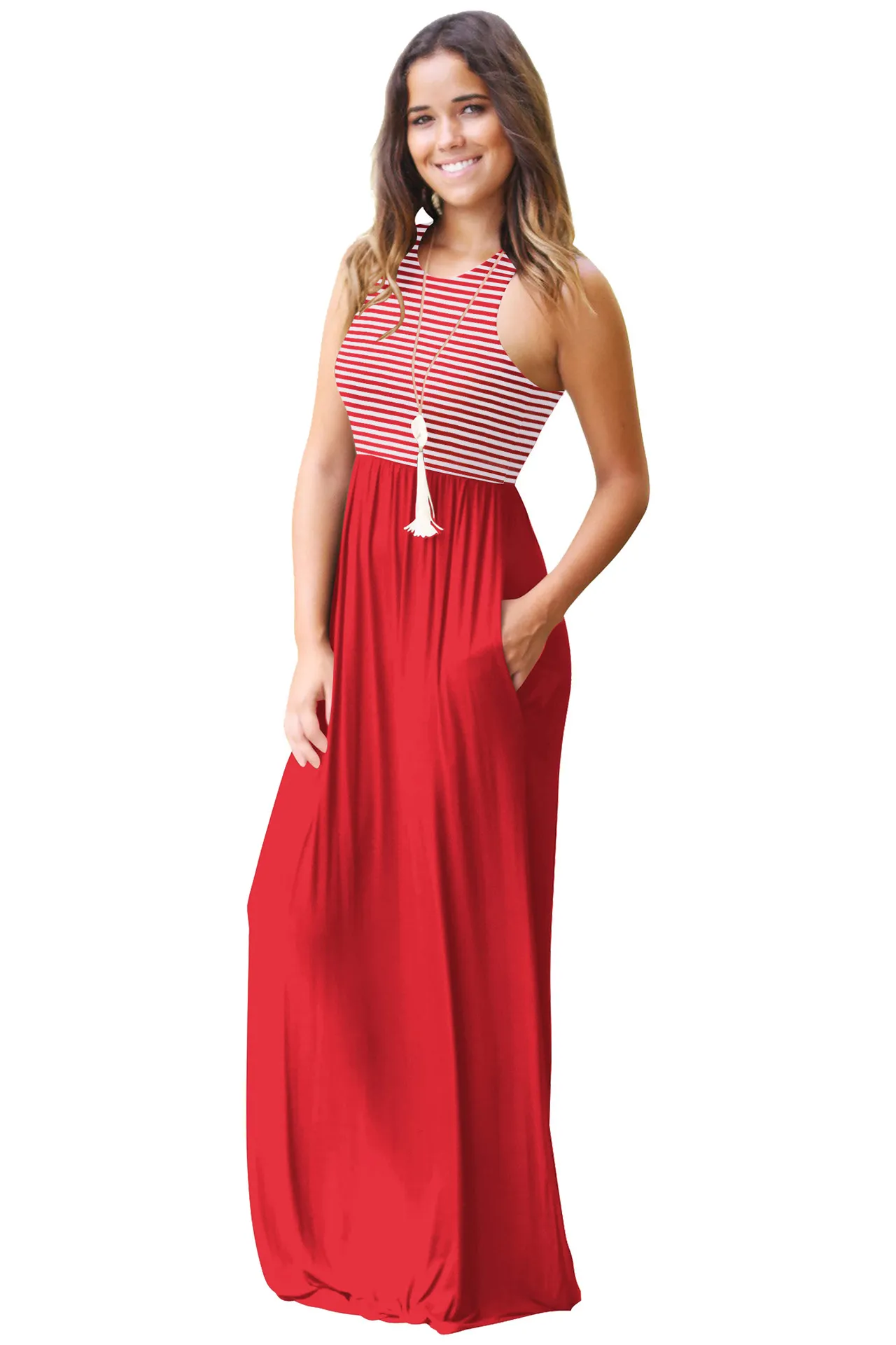 Sexy Womens Gestreepte Maxi Jurken Zoete Vrouwelijke Zomer Solid Color Lameled Scoop Hals Mouwloze Jurken Gratis Verzending