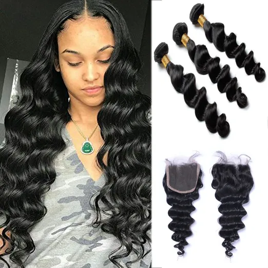 Brazilian Loose Deep Wave Human Hair Weaves 3 Bundles with 4x4 Lace Closure Double Weft Dyeable 100gram/bundle